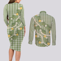 Aloha Puakenikeni Anthurium Pikake Lei Couples Matching Long Sleeve Bodycon Dress and Long Sleeve Button Shirt Green Hawaiian Palaka Pattern LT9 - Polynesian Pride