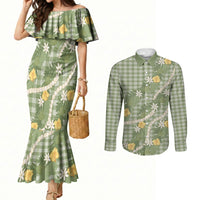 Aloha Puakenikeni Anthurium Pikake Lei Couples Matching Mermaid Dress and Long Sleeve Button Shirt Green Hawaiian Palaka Pattern LT9 Green - Polynesian Pride