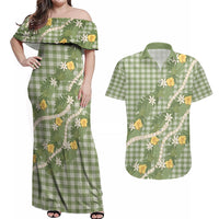 Aloha Puakenikeni Anthurium Pikake Lei Couples Matching Off Shoulder Maxi Dress and Hawaiian Shirt Green Hawaiian Palaka Pattern LT9 Green - Polynesian Pride