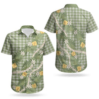 Aloha Puakenikeni Anthurium Pikake Lei Couples Matching Off Shoulder Short Dress and Hawaiian Shirt Green Hawaiian Palaka Pattern LT9 - Polynesian Pride