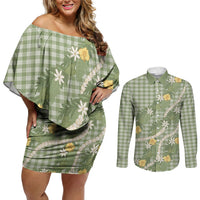 Aloha Puakenikeni Anthurium Pikake Lei Couples Matching Off Shoulder Short Dress and Long Sleeve Button Shirt Green Hawaiian Palaka Pattern LT9 Green - Polynesian Pride