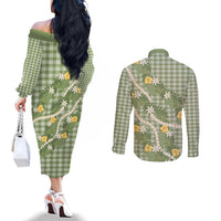 Aloha Puakenikeni Anthurium Pikake Lei Couples Matching Off The Shoulder Long Sleeve Dress and Long Sleeve Button Shirt Green Hawaiian Palaka Pattern LT9 - Polynesian Pride
