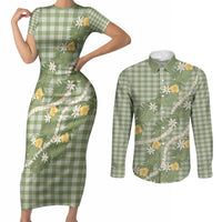 Aloha Puakenikeni Anthurium Pikake Lei Couples Matching Short Sleeve Bodycon Dress and Long Sleeve Button Shirt Green Hawaiian Palaka Pattern LT9 Green - Polynesian Pride