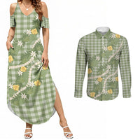 Aloha Puakenikeni Anthurium Pikake Lei Couples Matching Summer Maxi Dress and Long Sleeve Button Shirt Green Hawaiian Palaka Pattern LT9 Green - Polynesian Pride
