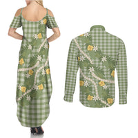 Aloha Puakenikeni Anthurium Pikake Lei Couples Matching Summer Maxi Dress and Long Sleeve Button Shirt Green Hawaiian Palaka Pattern LT9 - Polynesian Pride