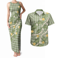 Aloha Puakenikeni Anthurium Pikake Lei Couples Matching Tank Maxi Dress and Hawaiian Shirt Green Hawaiian Palaka Pattern LT9 Green - Polynesian Pride