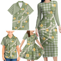 Aloha Puakenikeni Anthurium Pikake Lei Family Matching Long Sleeve Bodycon Dress and Hawaiian Shirt Green Hawaiian Palaka Pattern LT9 - Polynesian Pride