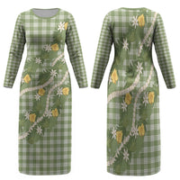 Aloha Puakenikeni Anthurium Pikake Lei Family Matching Long Sleeve Bodycon Dress and Hawaiian Shirt Green Hawaiian Palaka Pattern LT9 Mom's Dress Green - Polynesian Pride