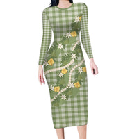 Aloha Puakenikeni Anthurium Pikake Lei Family Matching Long Sleeve Bodycon Dress and Hawaiian Shirt Green Hawaiian Palaka Pattern LT9 Mom's Dress Green - Polynesian Pride