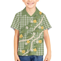 Aloha Puakenikeni Anthurium Pikake Lei Family Matching Long Sleeve Bodycon Dress and Hawaiian Shirt Green Hawaiian Palaka Pattern LT9 Son's Shirt Green - Polynesian Pride