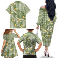 Aloha Puakenikeni Anthurium Pikake Lei Family Matching Off The Shoulder Long Sleeve Dress and Hawaiian Shirt Green Hawaiian Palaka Pattern LT9 Mom's Dress Green - Polynesian Pride