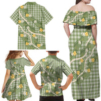 Aloha Puakenikeni Anthurium Pikake Lei Family Matching Off Shoulder Maxi Dress and Hawaiian Shirt Green Hawaiian Palaka Pattern LT9 Mom's Dress Green - Polynesian Pride
