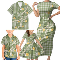 Aloha Puakenikeni Anthurium Pikake Lei Family Matching Short Sleeve Bodycon Dress and Hawaiian Shirt Green Hawaiian Palaka Pattern LT9 - Polynesian Pride
