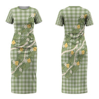 Aloha Puakenikeni Anthurium Pikake Lei Family Matching Short Sleeve Bodycon Dress and Hawaiian Shirt Green Hawaiian Palaka Pattern LT9 Mom's Dress Green - Polynesian Pride