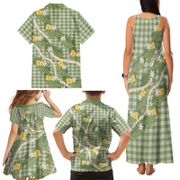 Aloha Puakenikeni Anthurium Pikake Lei Family Matching Tank Maxi Dress and Hawaiian Shirt Green Hawaiian Palaka Pattern LT9 - Polynesian Pride