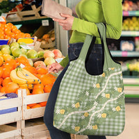 Aloha Puakenikeni Anthurium Pikake Lei Grocery Bag Green Hawaiian Palaka Pattern