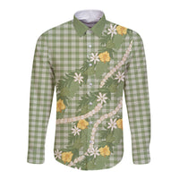 Aloha Puakenikeni Anthurium Pikake Lei Long Sleeve Button Shirt Green Hawaiian Palaka Pattern LT9 Unisex Green - Polynesian Pride
