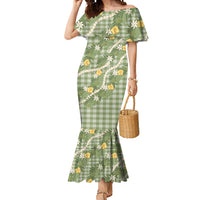 Aloha Puakenikeni Anthurium Pikake Lei Mermaid Dress Green Hawaiian Palaka Pattern