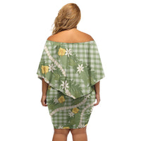 Aloha Puakenikeni Anthurium Pikake Lei Off Shoulder Short Dress Green Hawaiian Palaka Pattern LT9 - Polynesian Pride