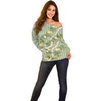 Aloha Puakenikeni Anthurium Pikake Lei Off Shoulder Sweater Green Hawaiian Palaka Pattern LT9 - Polynesian Pride