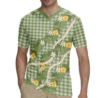Aloha Puakenikeni Anthurium Pikake Lei Rugby Jersey Green Hawaiian Palaka Pattern LT9 - Polynesian Pride