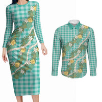 Aloha Puakenikeni Anthurium Pikake Lei Couples Matching Long Sleeve Bodycon Dress and Long Sleeve Button Shirt Marine Hawaiian Palaka Pattern LT9 Marine - Polynesian Pride