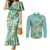 Aloha Puakenikeni Anthurium Pikake Lei Couples Matching Mermaid Dress and Long Sleeve Button Shirt Marine Hawaiian Palaka Pattern LT9 Marine - Polynesian Pride