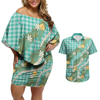 Aloha Puakenikeni Anthurium Pikake Lei Couples Matching Off Shoulder Short Dress and Hawaiian Shirt Marine Hawaiian Palaka Pattern LT9 Marine - Polynesian Pride