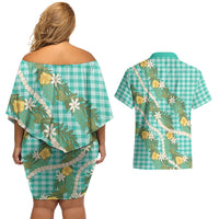 Aloha Puakenikeni Anthurium Pikake Lei Couples Matching Off Shoulder Short Dress and Hawaiian Shirt Marine Hawaiian Palaka Pattern LT9 - Polynesian Pride