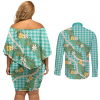 Aloha Puakenikeni Anthurium Pikake Lei Couples Matching Off Shoulder Short Dress and Long Sleeve Button Shirt Marine Hawaiian Palaka Pattern