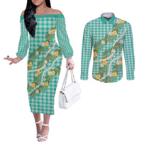 Aloha Puakenikeni Anthurium Pikake Lei Couples Matching Off The Shoulder Long Sleeve Dress and Long Sleeve Button Shirt Marine Hawaiian Palaka Pattern LT9 Marine - Polynesian Pride