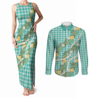Aloha Puakenikeni Anthurium Pikake Lei Couples Matching Tank Maxi Dress and Long Sleeve Button Shirt Marine Hawaiian Palaka Pattern LT9 Marine - Polynesian Pride