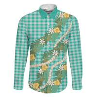 Aloha Puakenikeni Anthurium Pikake Lei Family Matching Long Sleeve Bodycon Dress and Hawaiian Shirt Marine Hawaiian Palaka Pattern LT9 Daughter's Dress Marine - Polynesian Pride