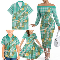 Aloha Puakenikeni Anthurium Pikake Lei Family Matching Off The Shoulder Long Sleeve Dress and Hawaiian Shirt Marine Hawaiian Palaka Pattern LT9 - Polynesian Pride