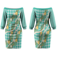 Aloha Puakenikeni Anthurium Pikake Lei Family Matching Off The Shoulder Long Sleeve Dress and Hawaiian Shirt Marine Hawaiian Palaka Pattern LT9 Mom's Dress Marine - Polynesian Pride