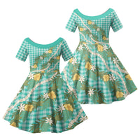 Aloha Puakenikeni Anthurium Pikake Lei Family Matching Off Shoulder Short Dress and Hawaiian Shirt Marine Hawaiian Palaka Pattern LT9 Daughter's Dress Marine - Polynesian Pride