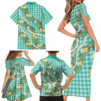 Aloha Puakenikeni Anthurium Pikake Lei Family Matching Short Sleeve Bodycon Dress and Hawaiian Shirt Marine Hawaiian Palaka Pattern LT9 Mom's Dress Marine - Polynesian Pride