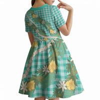 Aloha Puakenikeni Anthurium Pikake Lei Kid Short Sleeve Dress Marine Hawaiian Palaka Pattern LT9 - Polynesian Pride