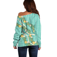 Aloha Puakenikeni Anthurium Pikake Lei Off Shoulder Sweater Marine Hawaiian Palaka Pattern