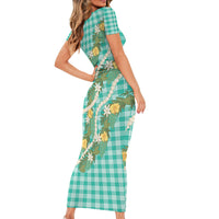 Aloha Puakenikeni Anthurium Pikake Lei Short Sleeve Bodycon Dress Marine Hawaiian Palaka Pattern