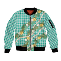 Aloha Puakenikeni Anthurium Pikake Lei Sleeve Zip Bomber Jacket Marine Hawaiian Palaka Pattern LT9 Unisex Marine - Polynesian Pride