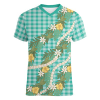 Aloha Puakenikeni Anthurium Pikake Lei Women V-Neck T-Shirt Marine Hawaiian Palaka Pattern