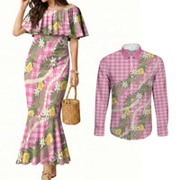 Aloha Puakenikeni Anthurium Pikake Lei Couples Matching Mermaid Dress and Long Sleeve Button Shirt Tropical Pink Hawaiian Palaka Pattern LT9 Pink - Polynesian Pride