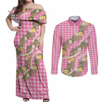 Aloha Puakenikeni Anthurium Pikake Lei Couples Matching Off Shoulder Maxi Dress and Long Sleeve Button Shirt Tropical Pink Hawaiian Palaka Pattern LT9 Pink - Polynesian Pride