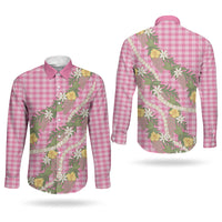 Aloha Puakenikeni Anthurium Pikake Lei Couples Matching Off Shoulder Maxi Dress and Long Sleeve Button Shirt Tropical Pink Hawaiian Palaka Pattern LT9 - Polynesian Pride