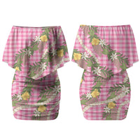 Aloha Puakenikeni Anthurium Pikake Lei Couples Matching Off Shoulder Short Dress and Hawaiian Shirt Tropical Pink Hawaiian Palaka Pattern LT9 - Polynesian Pride
