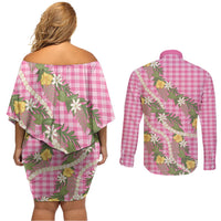 Aloha Puakenikeni Anthurium Pikake Lei Couples Matching Off Shoulder Short Dress and Long Sleeve Button Shirt Tropical Pink Hawaiian Palaka Pattern LT9 - Polynesian Pride