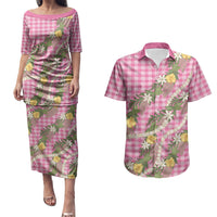 Aloha Puakenikeni Anthurium Pikake Lei Couples Matching Puletasi and Hawaiian Shirt Tropical Pink Hawaiian Palaka Pattern LT9 Pink - Polynesian Pride