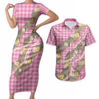 Aloha Puakenikeni Anthurium Pikake Lei Couples Matching Short Sleeve Bodycon Dress and Hawaiian Shirt Tropical Pink Hawaiian Palaka Pattern LT9 Pink - Polynesian Pride