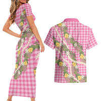 Aloha Puakenikeni Anthurium Pikake Lei Couples Matching Short Sleeve Bodycon Dress and Hawaiian Shirt Tropical Pink Hawaiian Palaka Pattern LT9 - Polynesian Pride